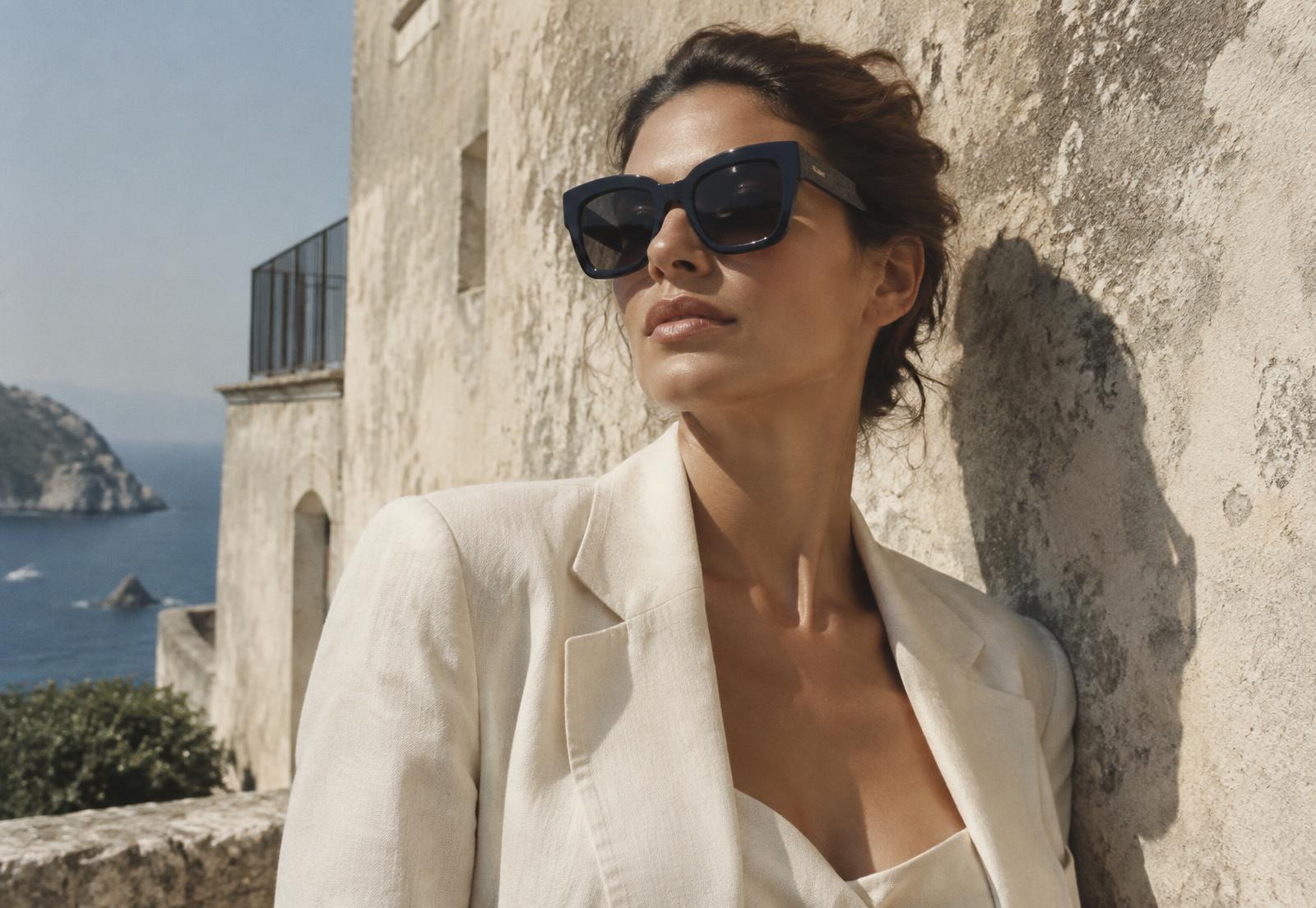 Woman in ivory linen wearing navy Eye Beirut sunglasses against a sunlit stone wall
