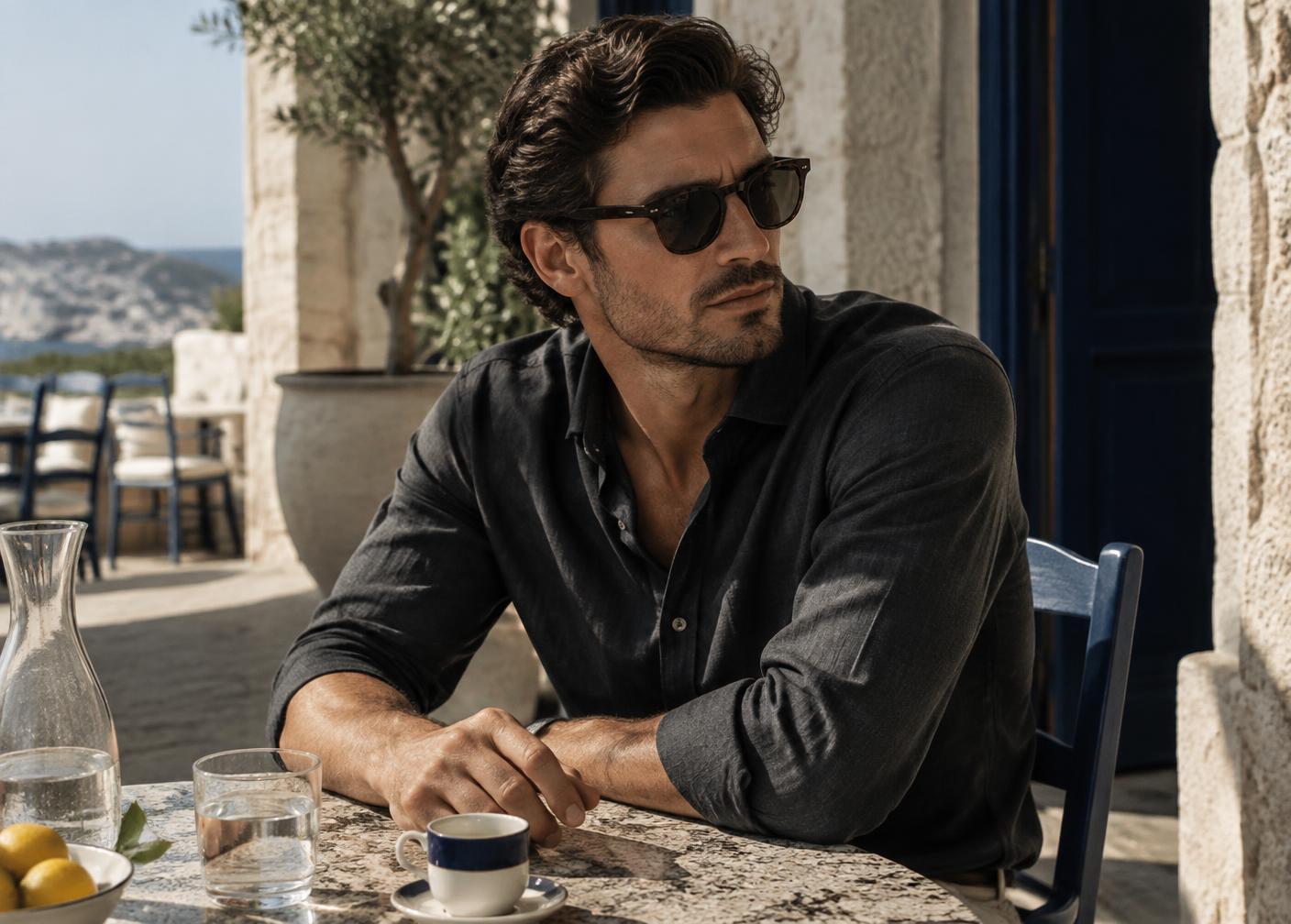 Man wearing tortoise Eye Beirut sunglasses at a Mediterranean cafe